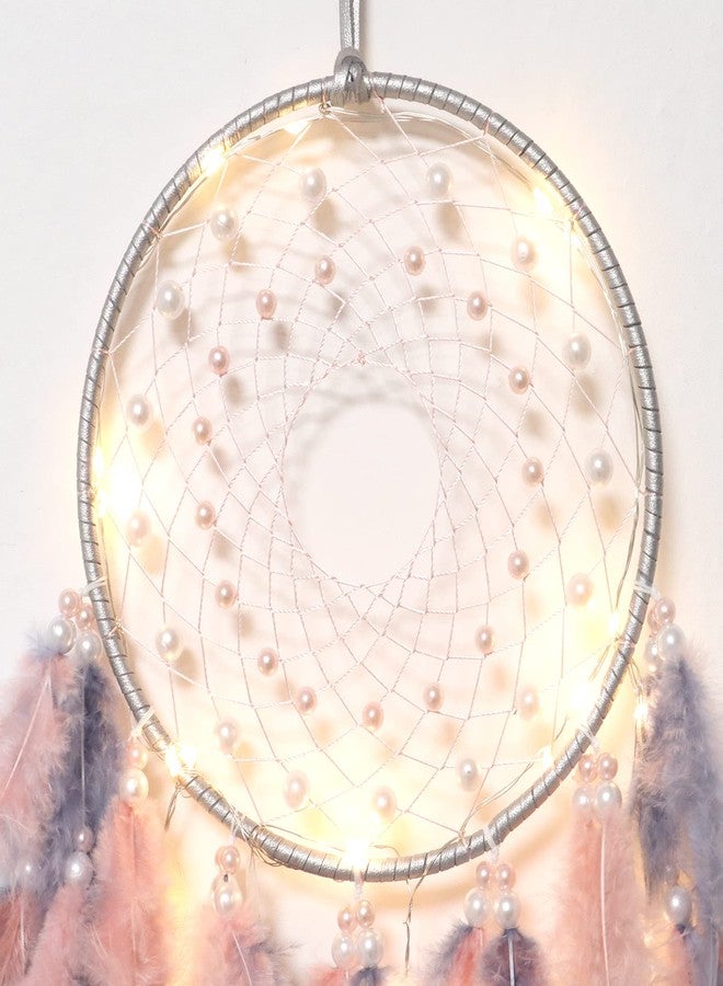 KHOYIME LED Dream Catcher Light Up Handmade Feather Dreamcatchers Boho Wall Hanging for Girls Kids Bedroom Bohemian Home Decor Wedding Ornament Craft Gift (Pink&Grey) - Image 5